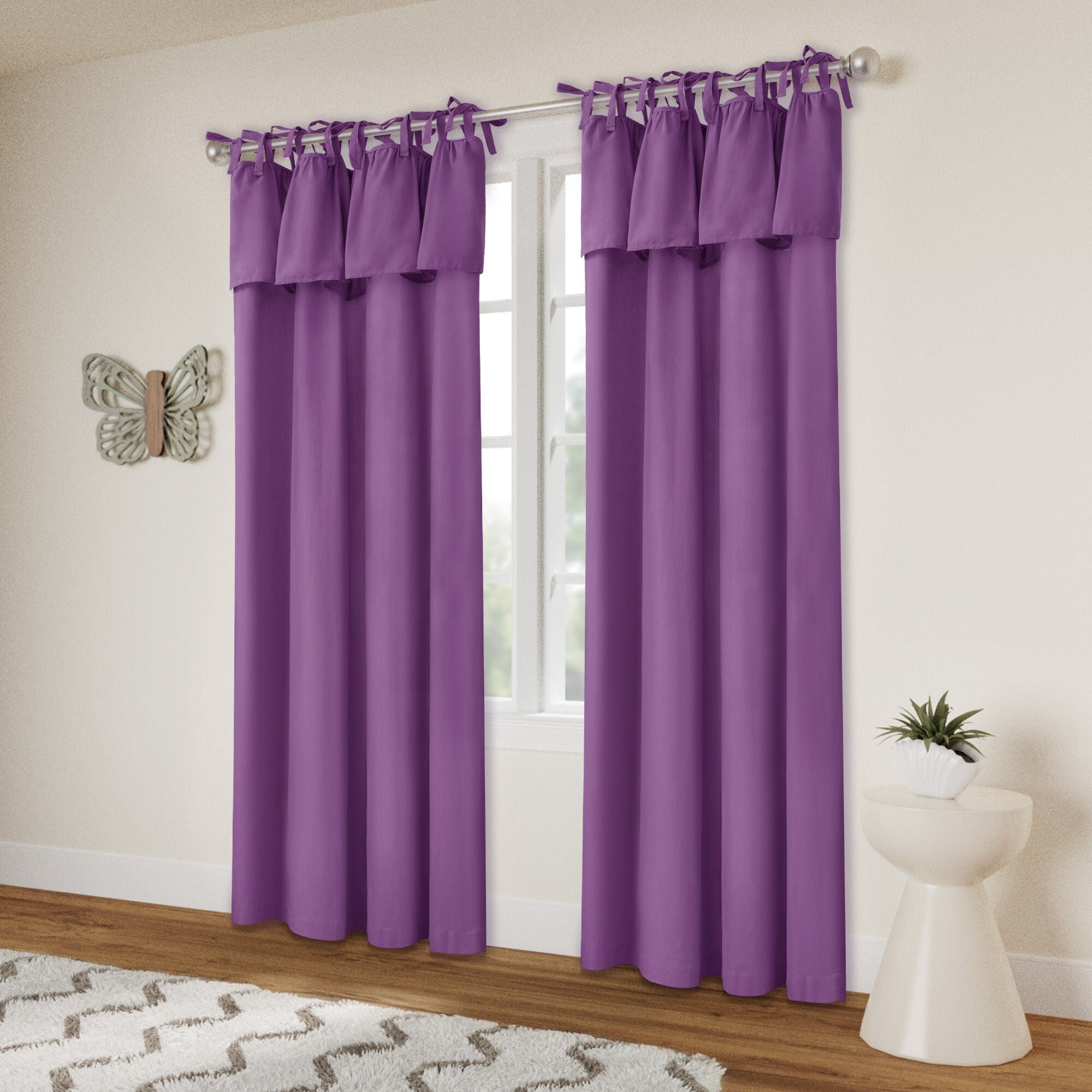Recycled Cotton Blend Ruffle Tie Top Curtain Pair, PURPLE, alternate image number 2