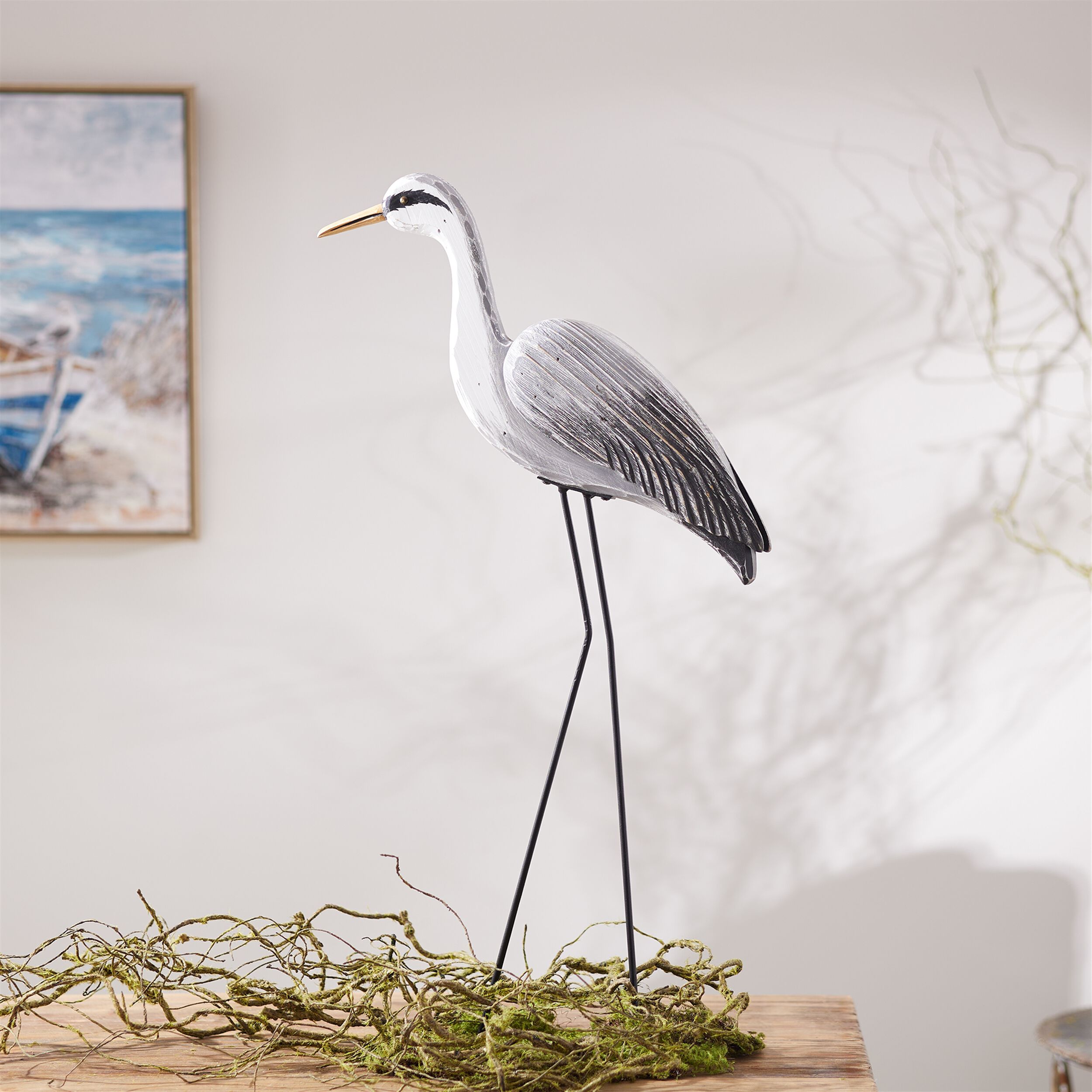Paulownia Wood Heron Bird Statue with Metal Legs Base 29.5INH, BLACK WHITE, alternate image number 2