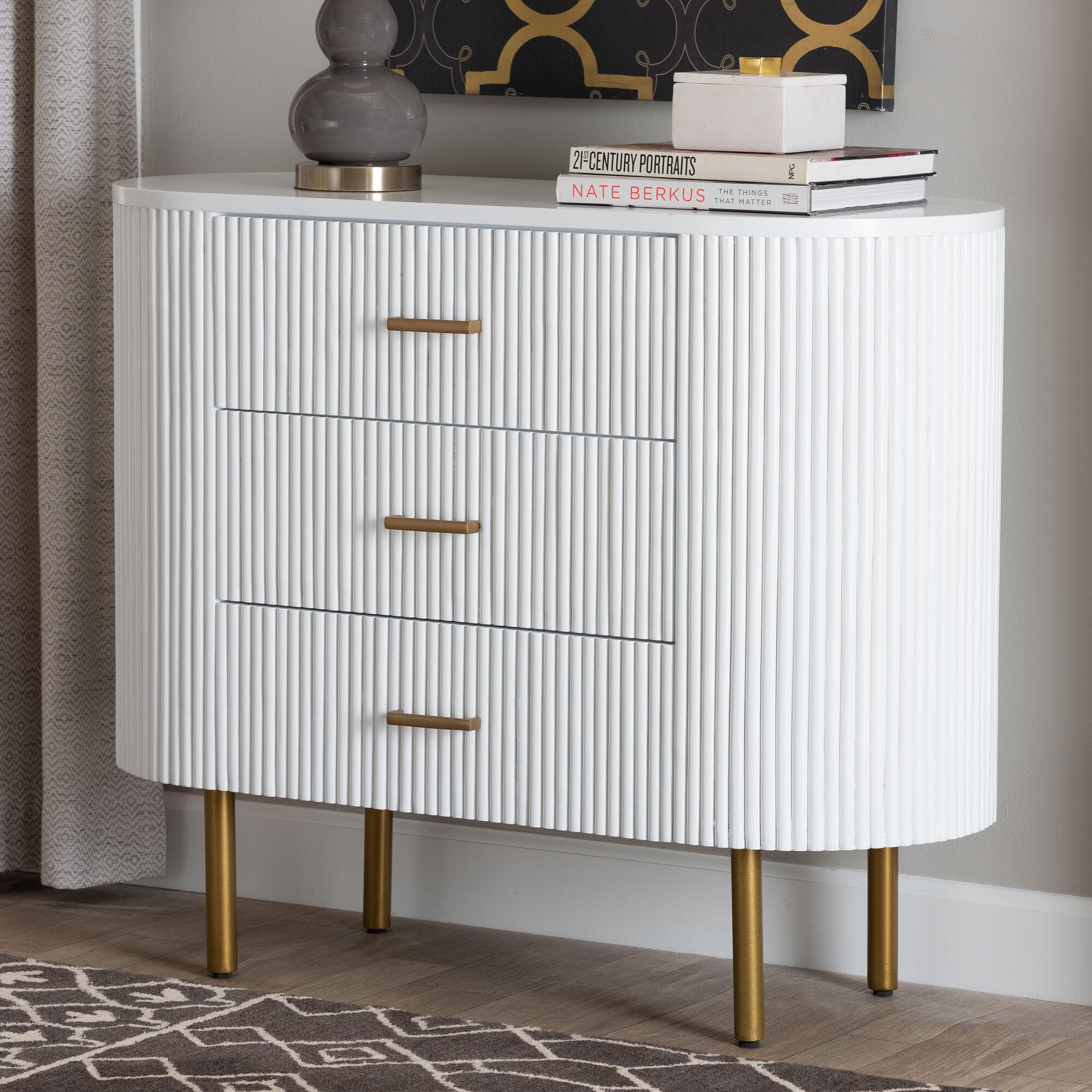 Beyla Mid-Century White Fluted Wood and Gold Metal 3-Drawer Dresser, WHITE, hi-res image number 0
