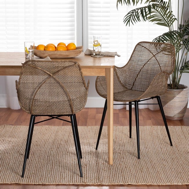 Ballerina Modern Bohemian Greywashed Rattan And Natural Brown Finished Wood 2-Piece Dining Chair Set, , alternate image number 13