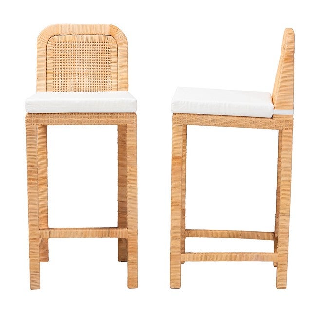 Zariah Modern Bohemian Natural Brown Rattan And Mahogany Wood Bar Stool, , alternate image number null