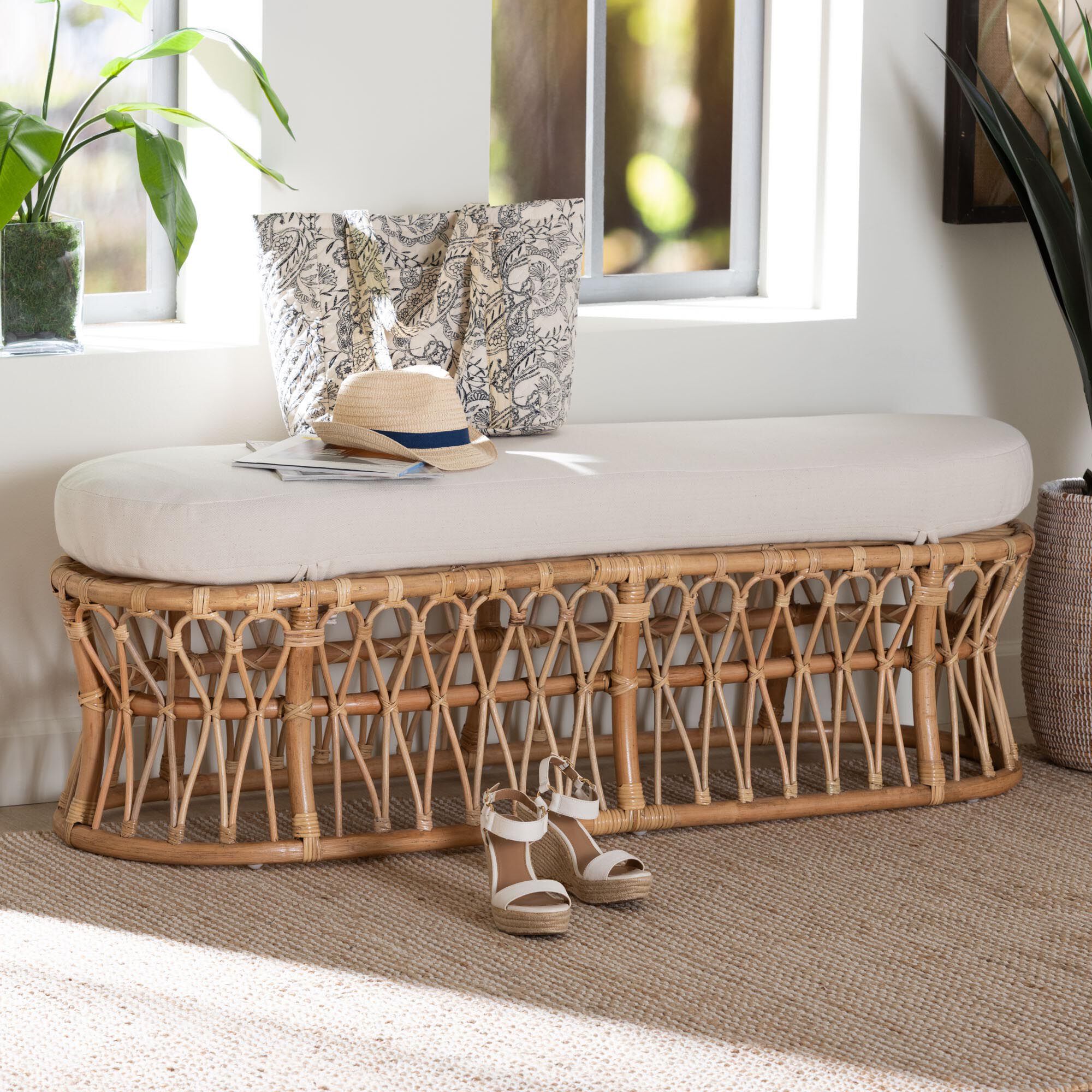 Adelpha Natural Rattan Accent Bench with Cushioned Seat, NATURAL, hi-res image number 0
