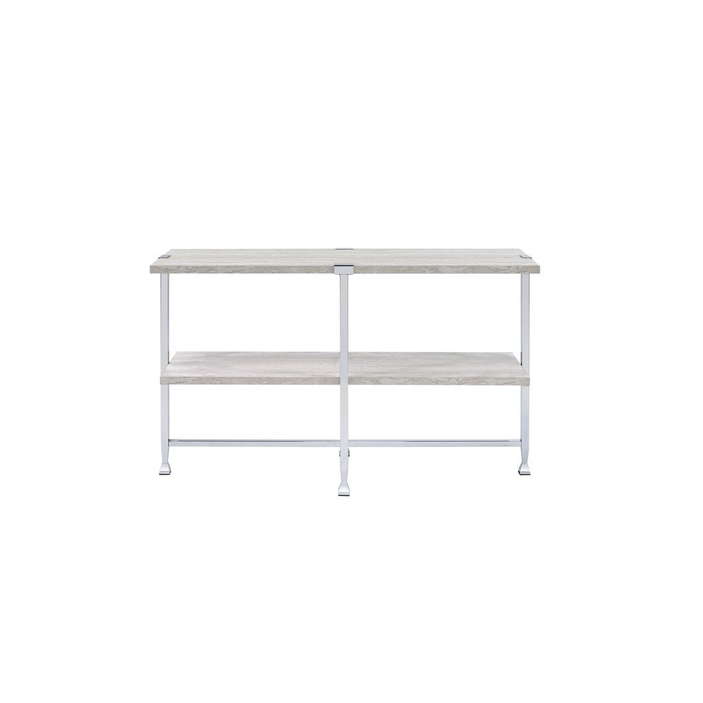 Sofa table with gray wood grain top and metal frame