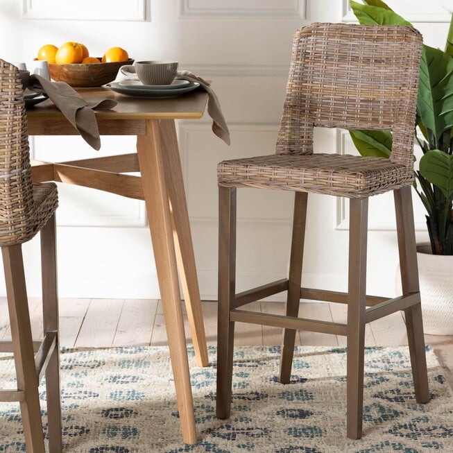 Magy Modern Bohemian Grey Kubu Rattan And Mahogany Wood Bar Stool, , alternate image number null