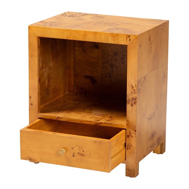 Camira Modern and Contemporary Natural Light Mappa Real Burl Wood 1-Drawer Nightstand, LIGHT MAPPA BURL, alternate image number 2
