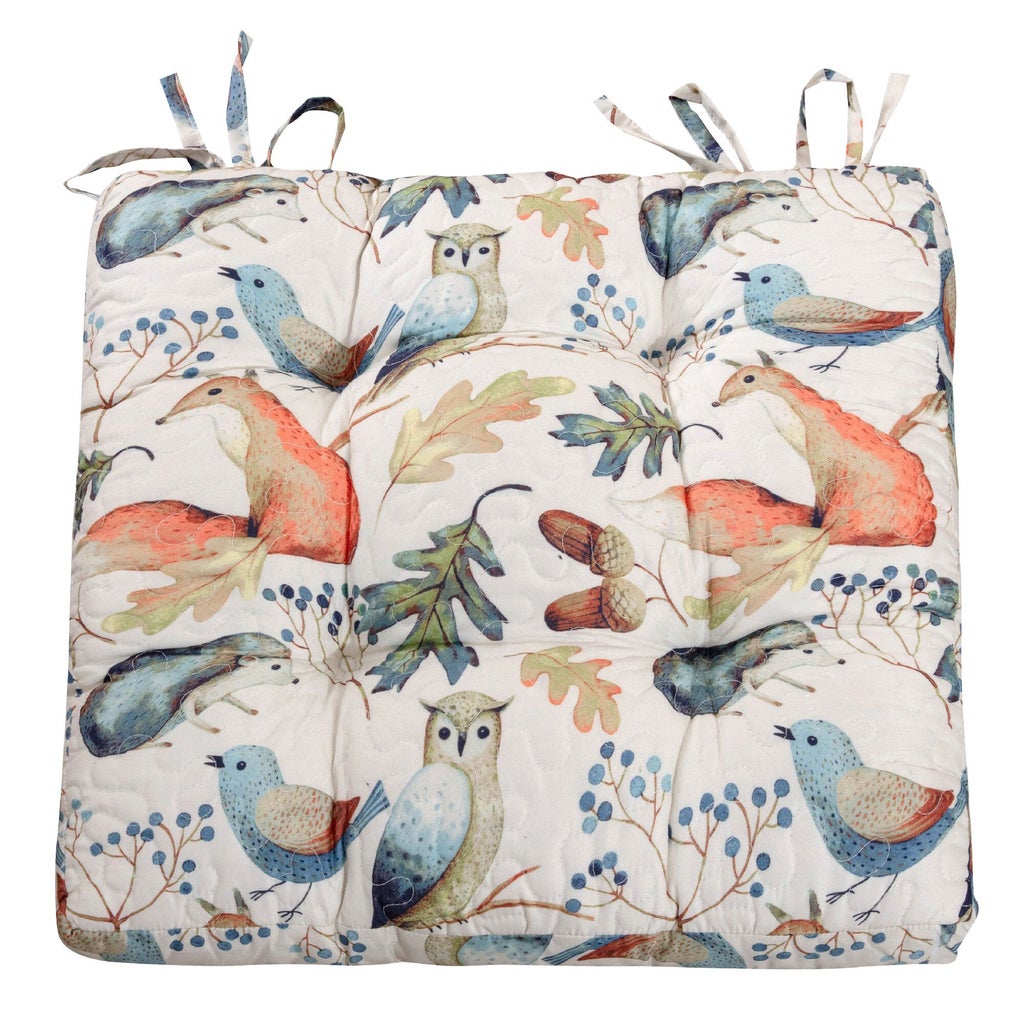Bird-print chair pad with corner ties