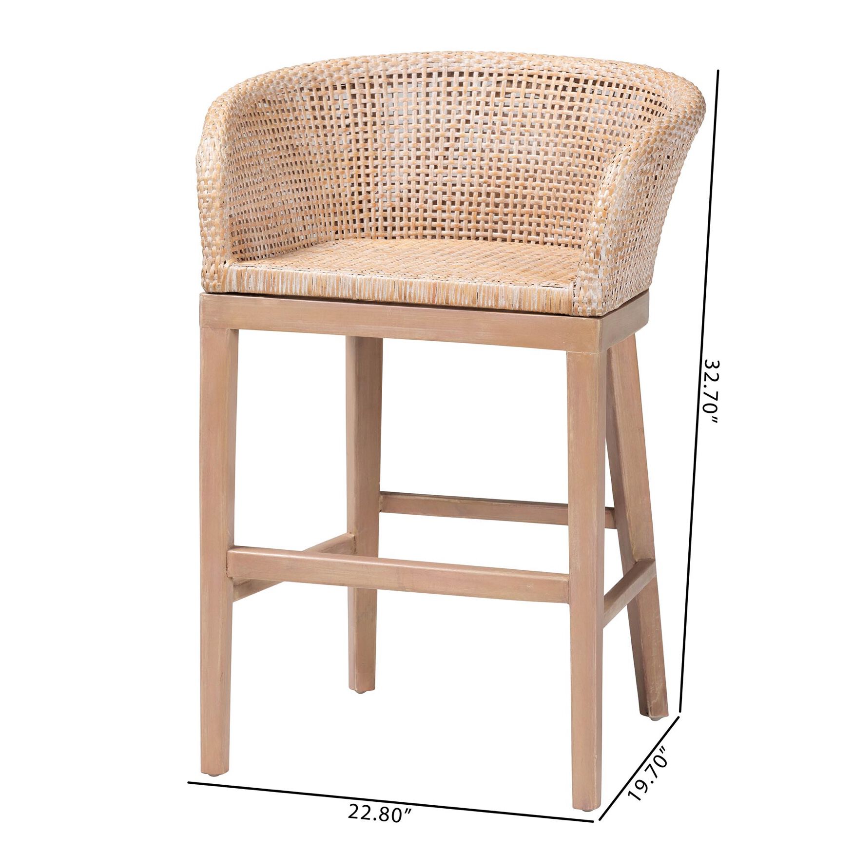 Papua Modern Bohemian Antique White Washed Rattan and Mahogany Wood Counter Stool, , alternate image number 15