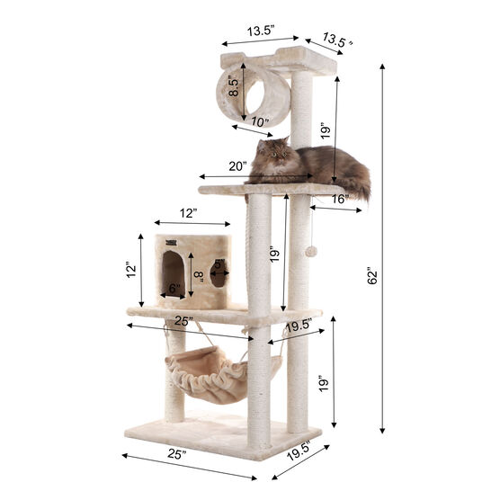 62" Real Wood Cat Tree With Scratch Posts, Hammock, , alternate image number null