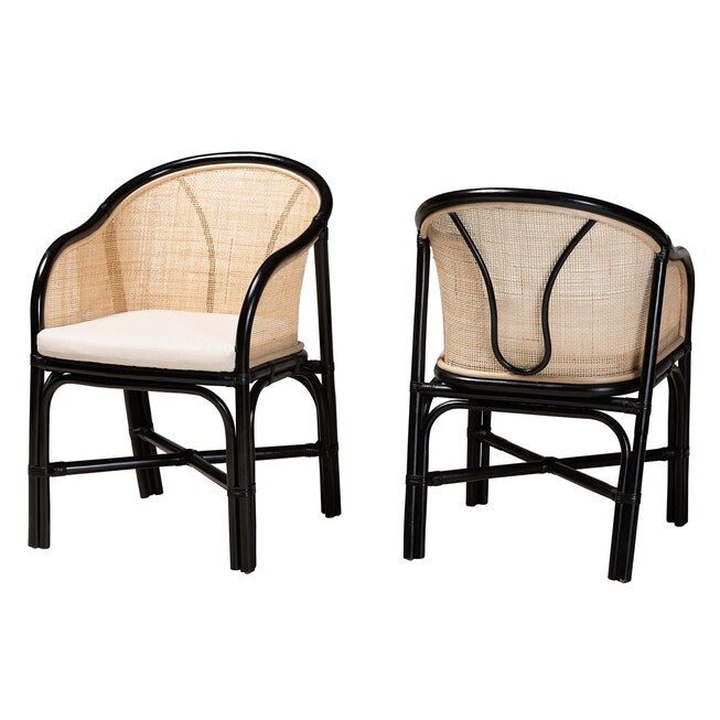 Miranda Modern Bohemian Two-Tone Black And Natural Brown Rattan 2-Piece Dining Chair Set, BLACK NATURAL BROWN, hi-res image number null
