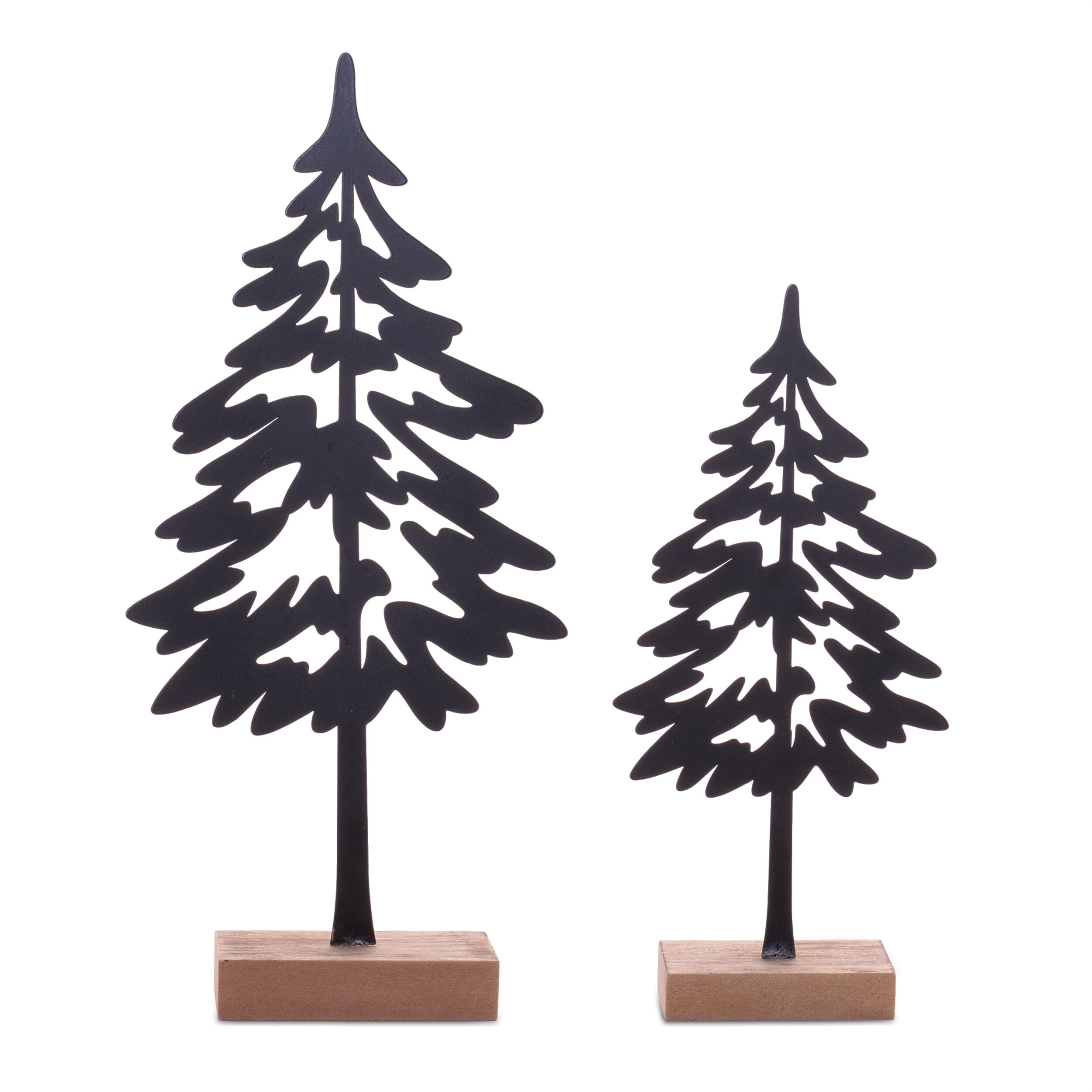 Cut-Out Metal Pine Tree with Wood Base (Set of 2), BLACK BROWN, alternate image number 1