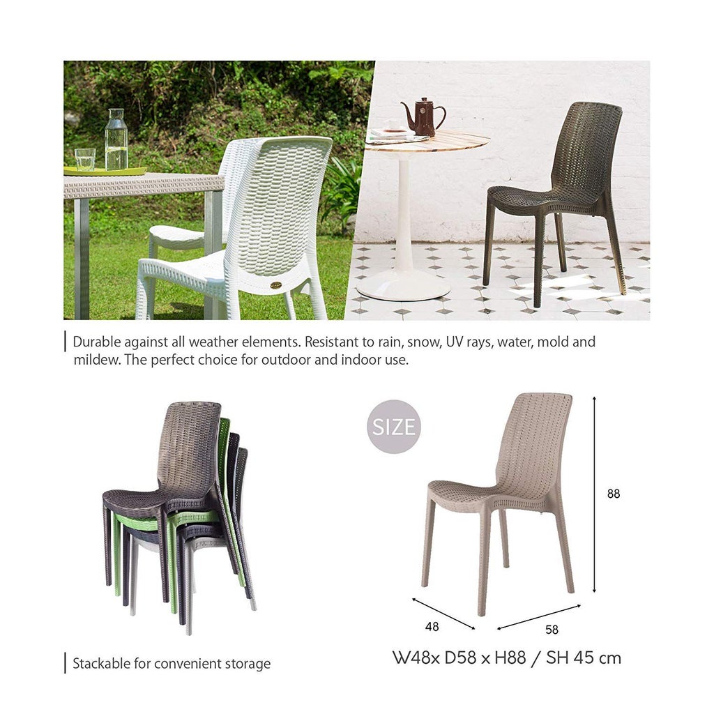 Set of stackable Rue outdoor dining chairs with size diagram.