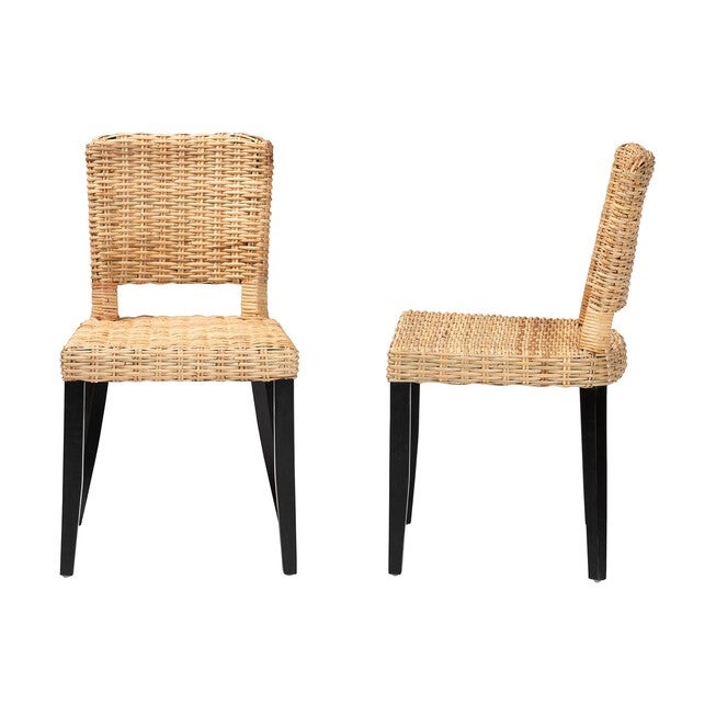 Dermot Modern Bohemian Dark Brown Finished Wood And Natural Rattan 2-Piece Dining Chair Set, , alternate image number null