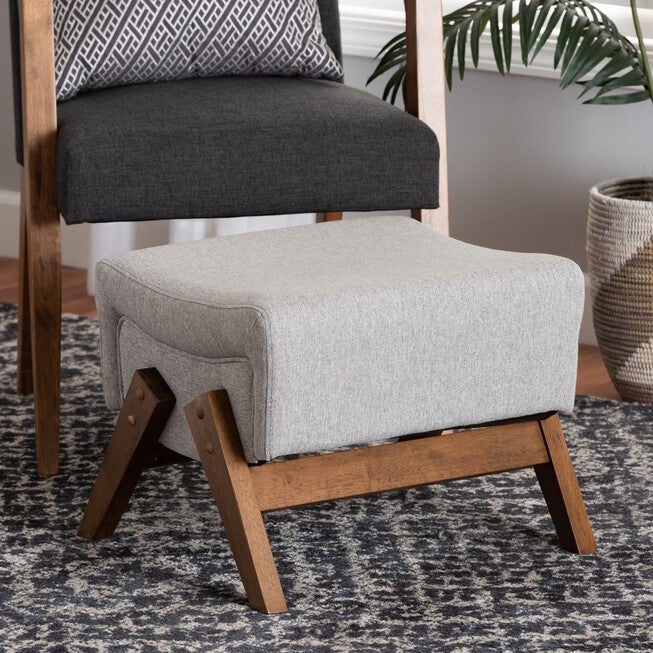 Hanson Mid-Century Modern Dark Grey Fabric And Walnut Brown Finished Wood Ottoman, , alternate image number null