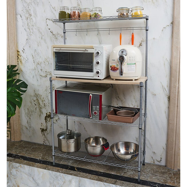 Home Basics 4 Tier Microwave Stand with Wood Tabletop Chrome, CHROME WOOD, hi-res image number 0