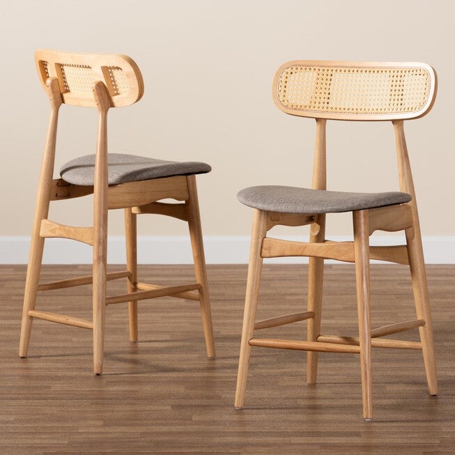 Tarana Mid-Century Modern Grey Fabric And Walnut Brown Finished Wood 2-Piece Counter Stool Set, , alternate image number null