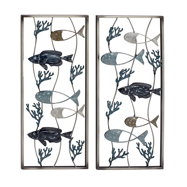 Set Of 2 Metal Coastal Fish Wall Decor, BLUE, hi-res image number null