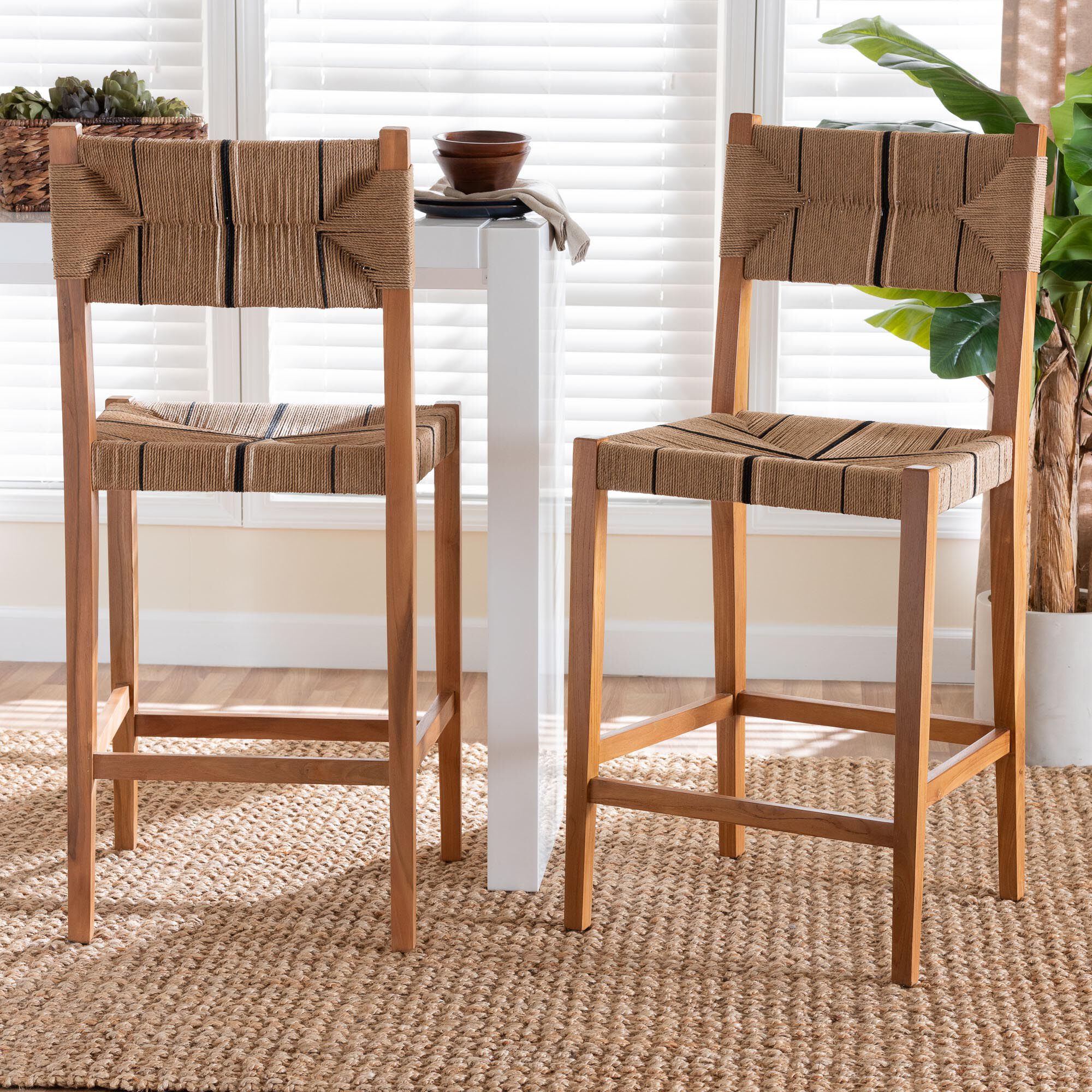 Prita Bohemian Paper Loom and Natural Mahogany Wood 2-Piece Bar Stool Set, BROWN, hi-res image number 0