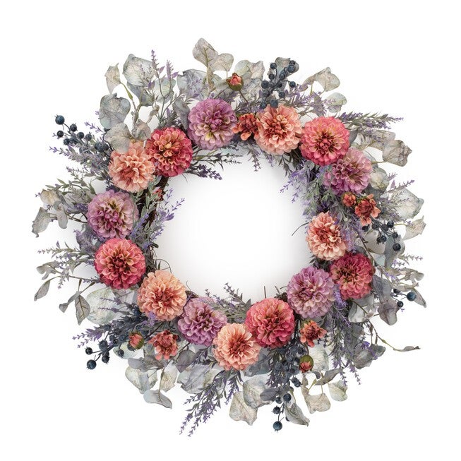 Mixed Zinnia Floral Wreath 24 inchesD, PURPLE/PINK/GREEN, hi-res image number null