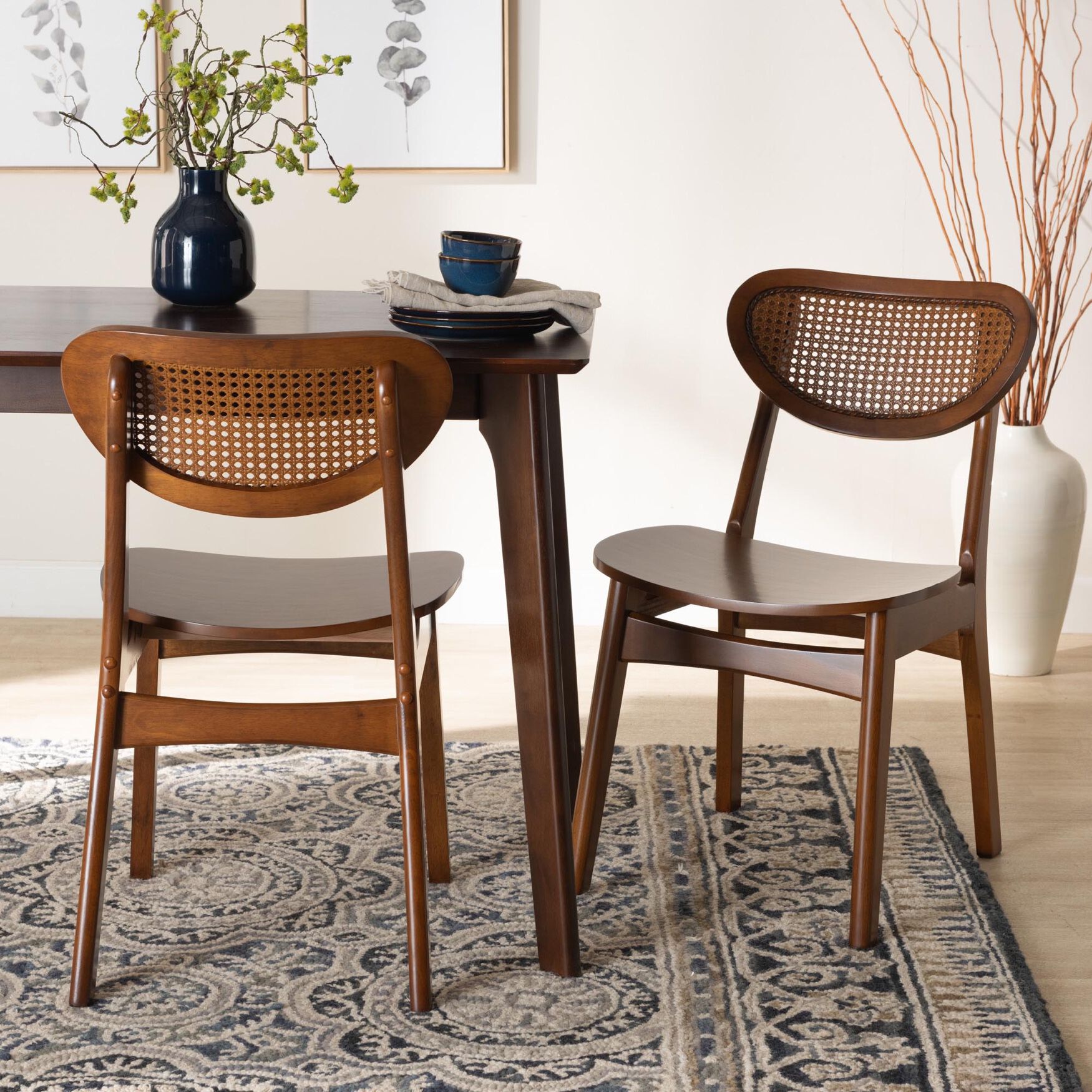 Hesper Mid-Century Modern Walnut Brown Finished Wood and Rattan 2-Piece Dining Chair Set, , alternate image number 18