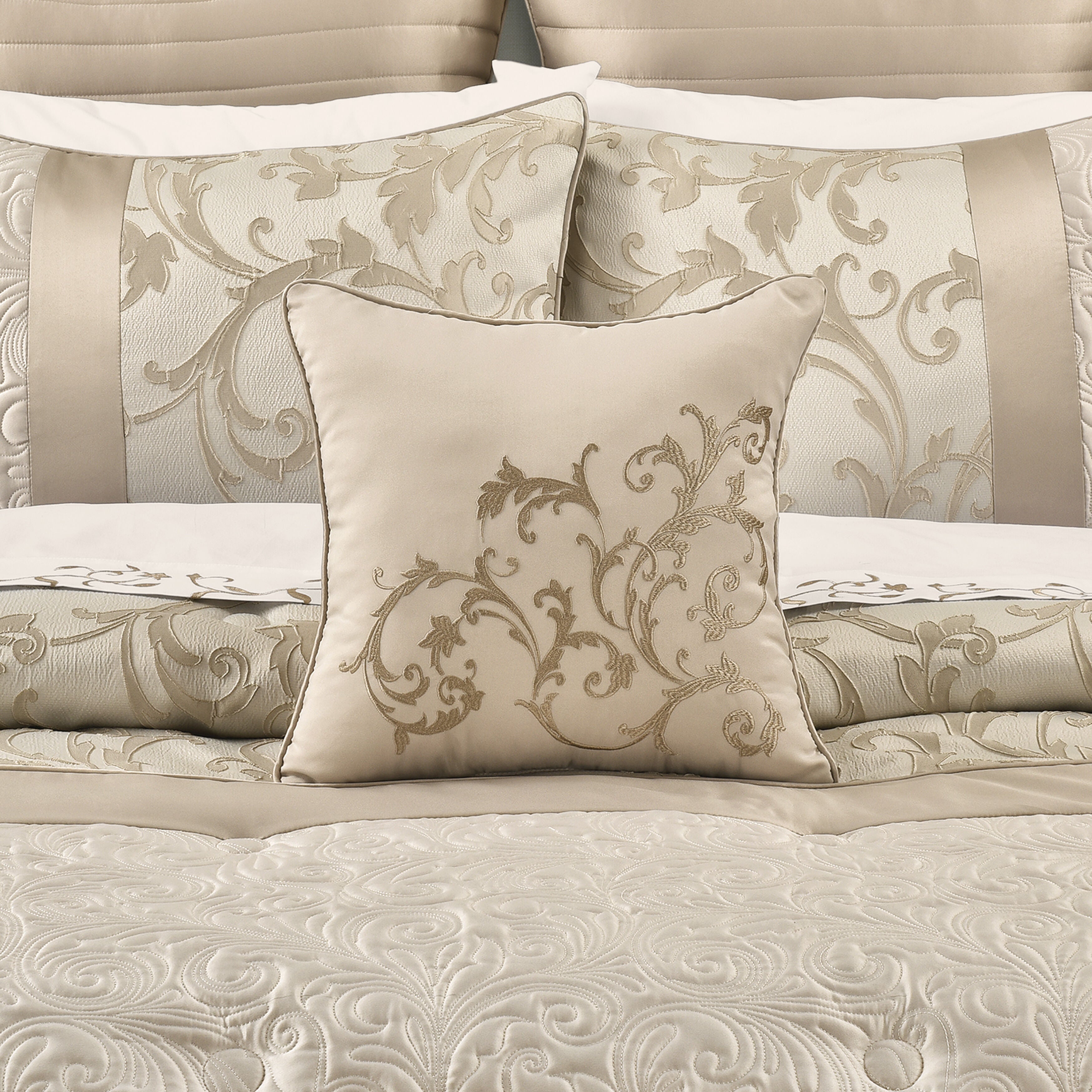 SPECTRA 16 inches SQUARE EMBELLISHED DECORATIVE THROW PILLOW, TAUPE, hi-res image number 0