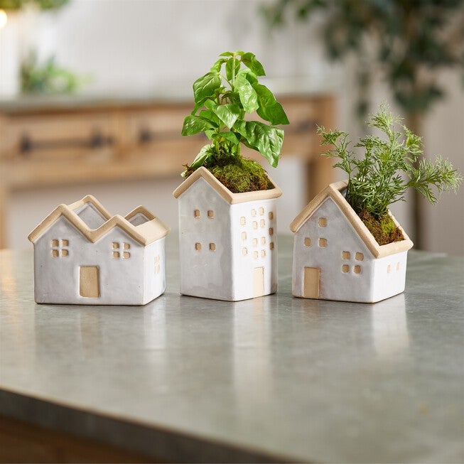 House Planter (Set of 3) 5.5 inchesL x 4.75 inchesH, 4.5 inchesL x 5.5 inchesH, 3.5 inchesL x 6.25 inchesH Porcelain, WHITE/BROWN, alternate image number null