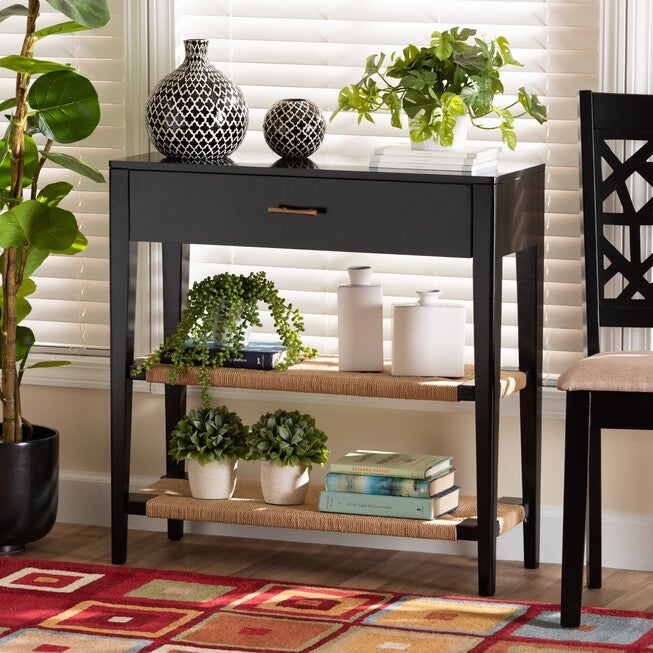 Freya Modern Bohemian Black Finished Bayur Wood 1-Drawer Console Table, , alternate image number null
