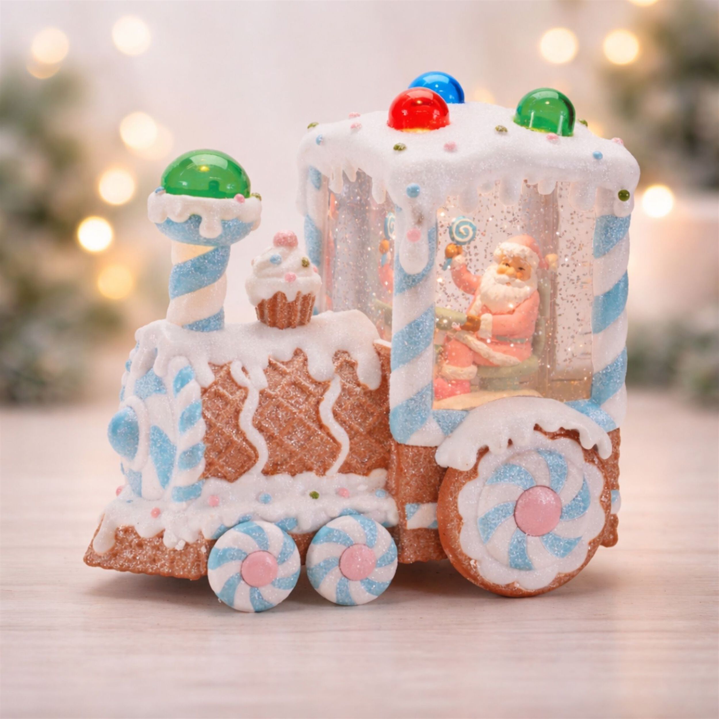 LED Santa & Gingerbread Bakery Snow Globe 7 inchesH, WHITE BROWN BLUE, alternate image number 1