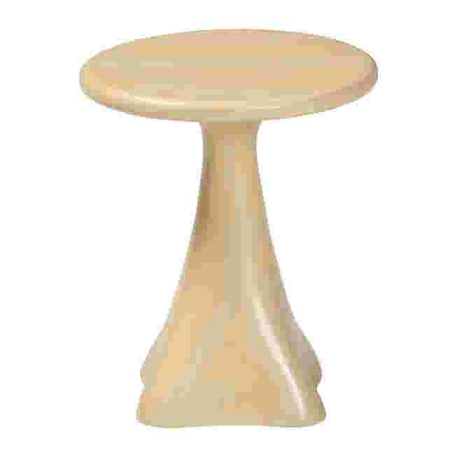 A cream-colored resin end table with a marbled pattern, shown against a white background.