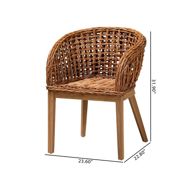 Mario Modern Bohemian Natural Brown Finished Teak Wood And Rattan 2-Piece Dining Chair Set, , alternate image number 8
