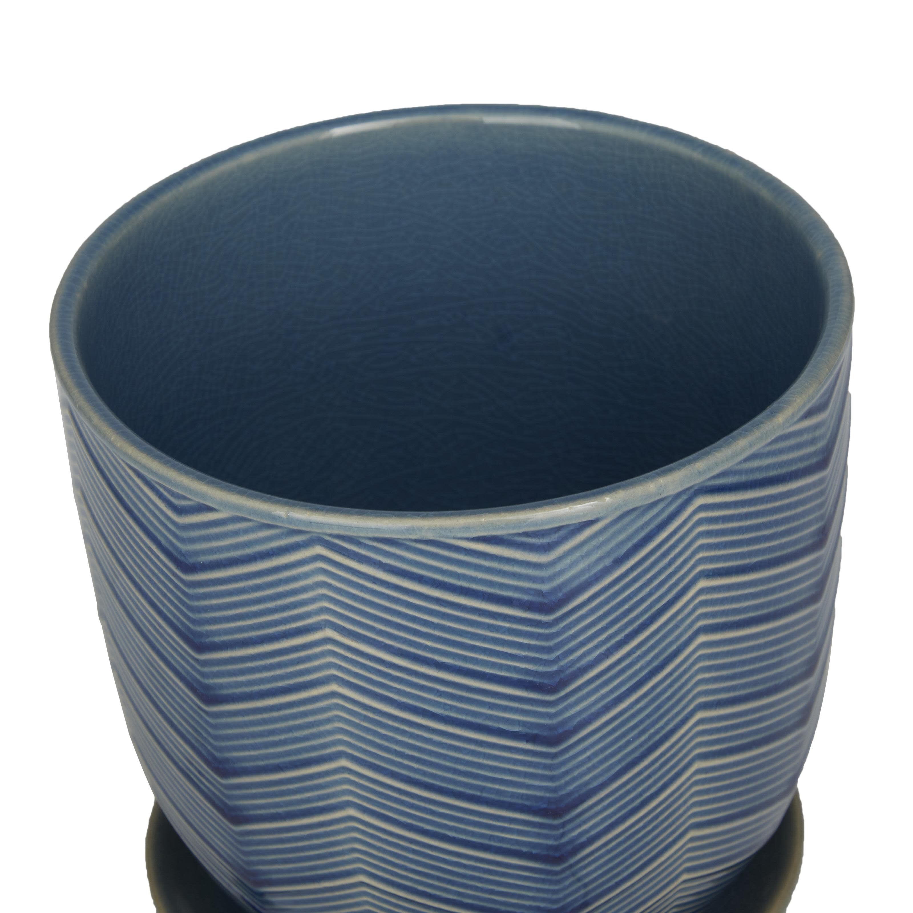 Blue Porcelain Ceramic  Indoor Outdoor Planter with Attached Saucer, Set of 3 8 inches, 6 inches, 5 inchesH, BLUE, alternate image number 4