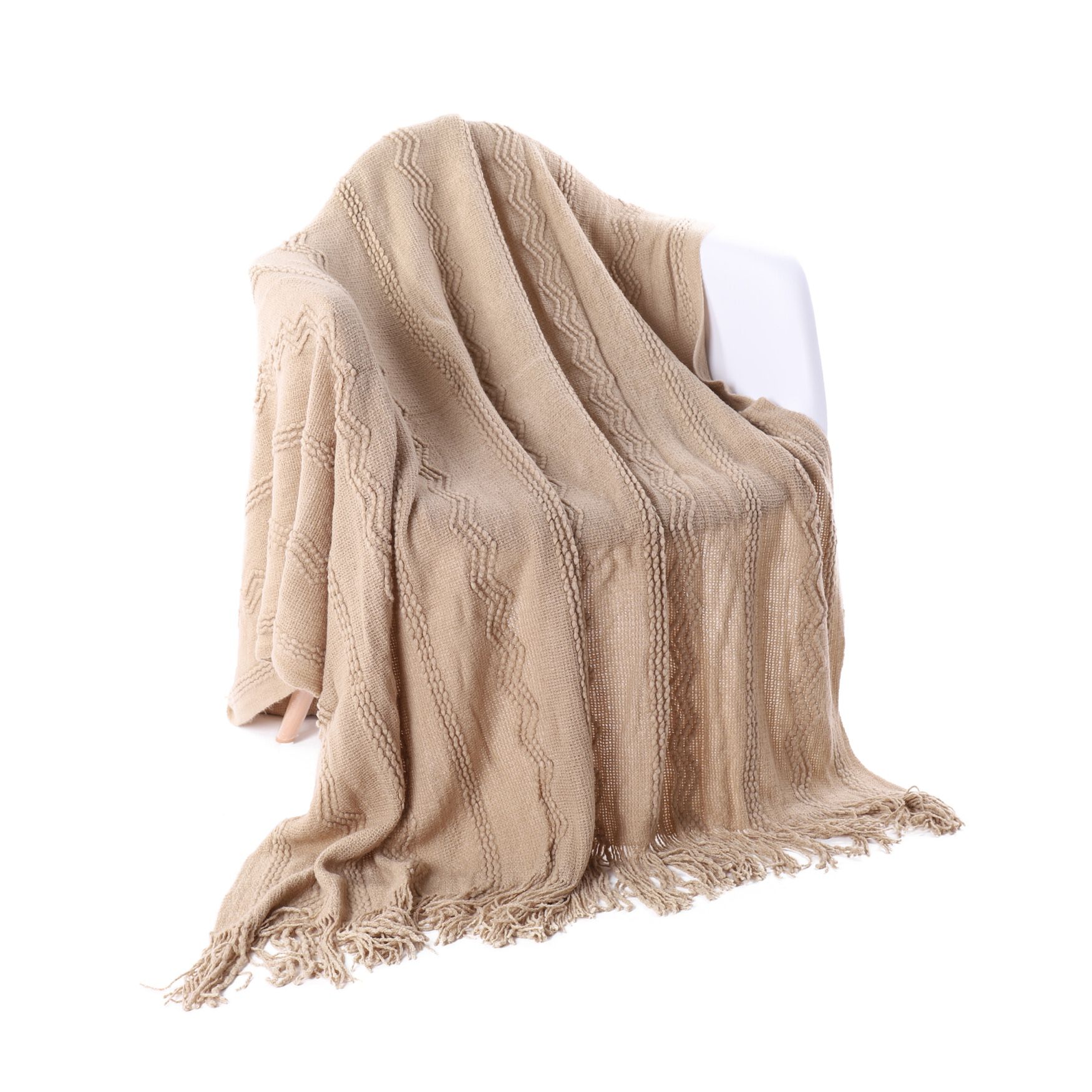 Battilo Home Intricate Woven Throw Blanket with Raised Patterns and Tasseled End, 50 inchesL x 60 inchesW, TAN, hi-res image number 0