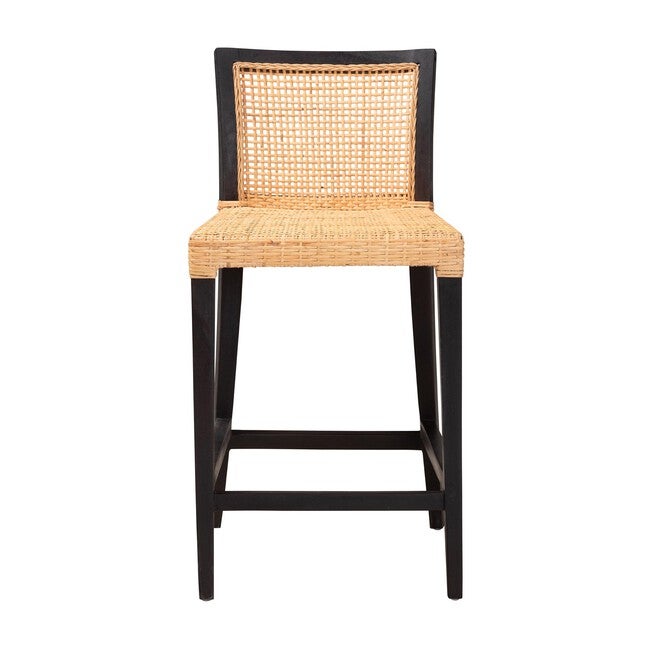 Lingga Modern Bohemian Dark Brown Mahogany Wood And Natural Rattan Counter Stool, , on-hover image number 1