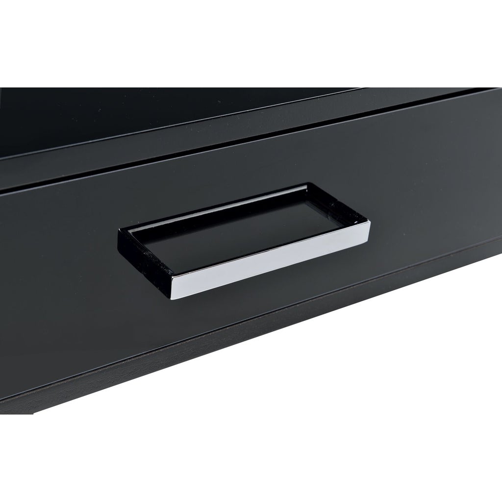 Close-up of drawer handle on black desk