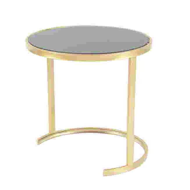 Gold metal accent table with a black top.