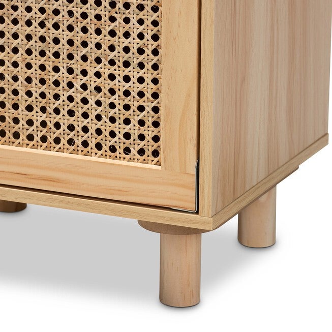 Maclean Mid-Century Modern Rattan And Natural Brown Finished Wood 1-Door Nightstand, , alternate image number null
