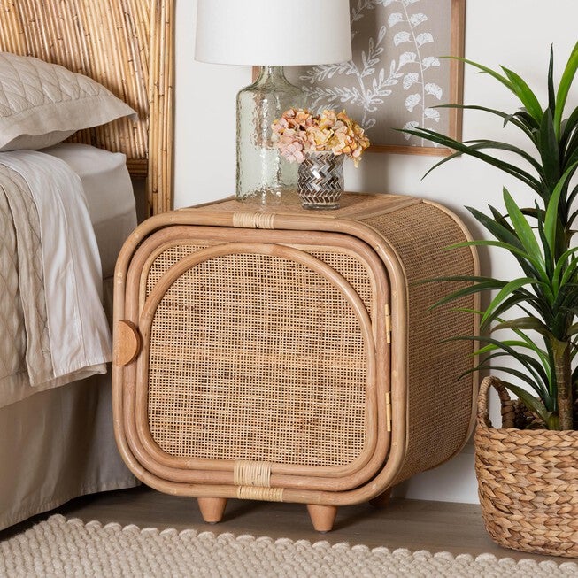Keita Bohemian Natural Rattan And Mahogany Wood Nightstand, , alternate image number null