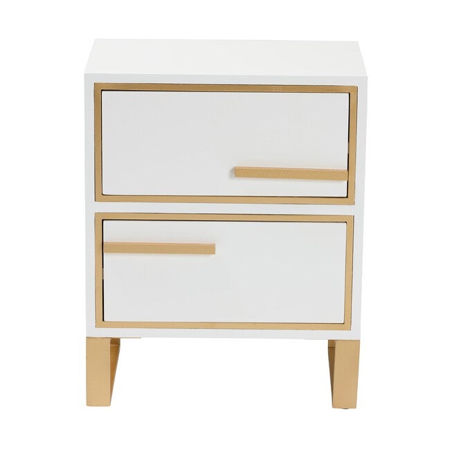 Giolla Contemporary Glam And Luxe White Finished Wood And Gold Metal 2-Drawer Nightstand, , alternate image number null