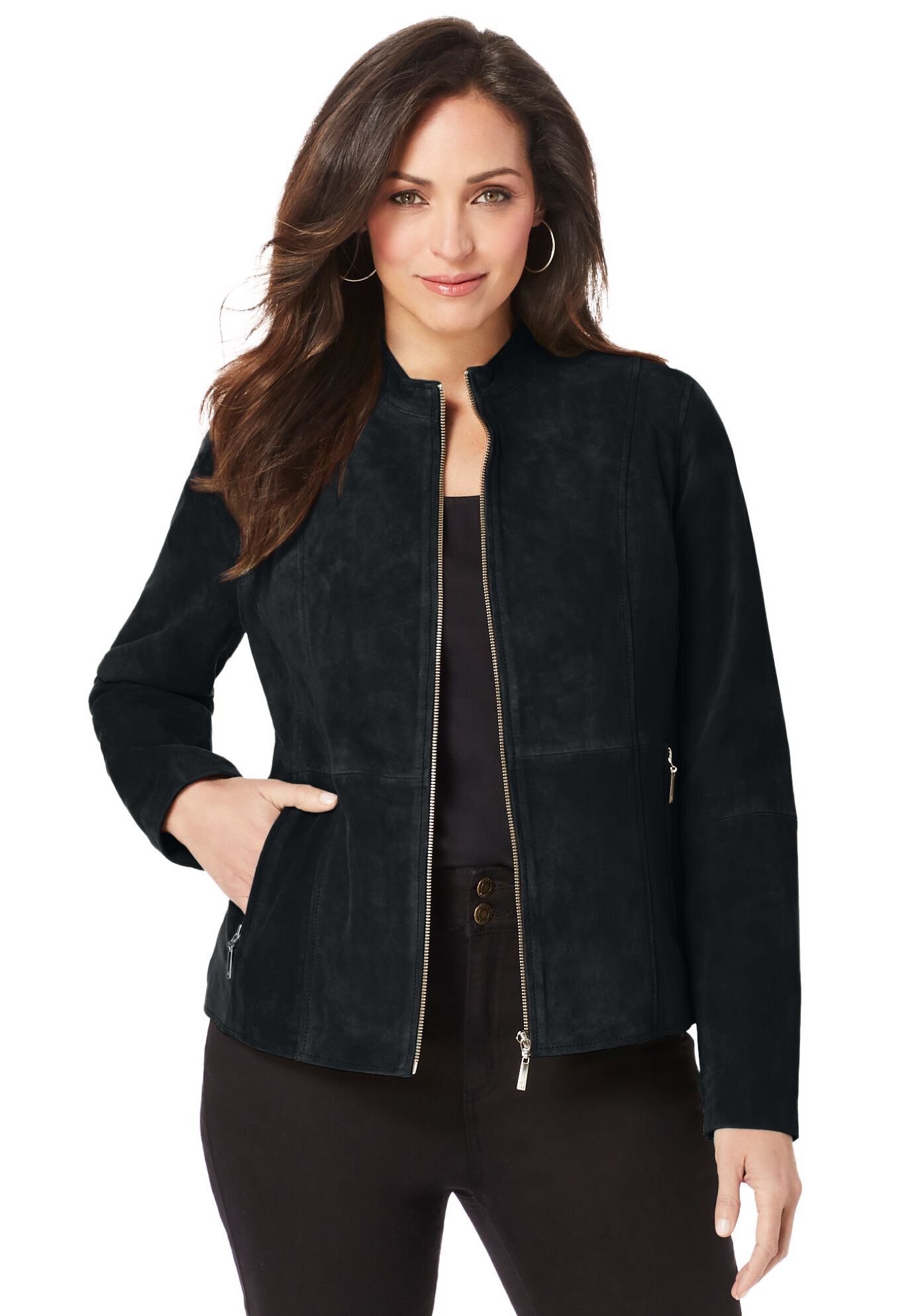 Suede Zipper-Front Drawstring Jacket