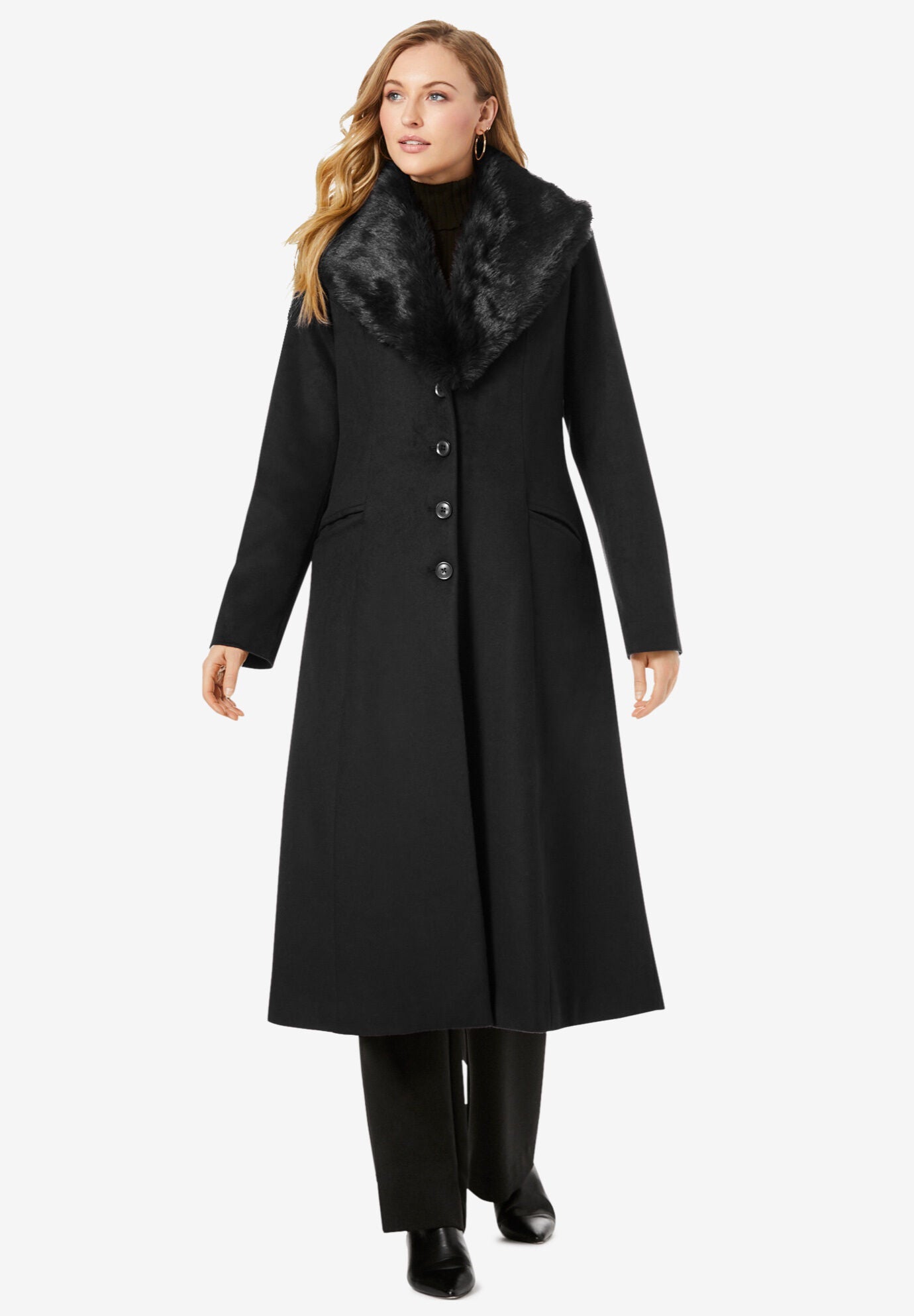 Long Wool Blend Coat with Faux Fur Collar King Size