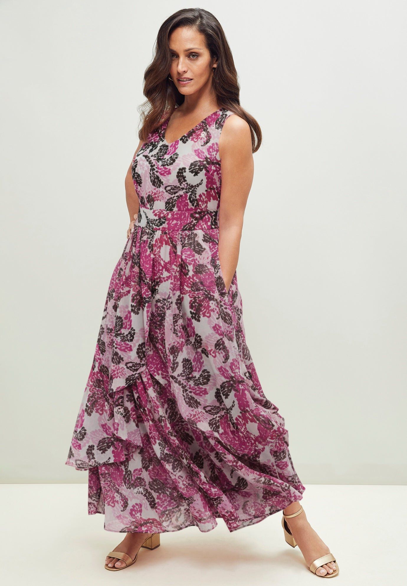 Georgette Flyaway Maxi Dress, PINK SKETCHED PETALS, hi-res image number 0