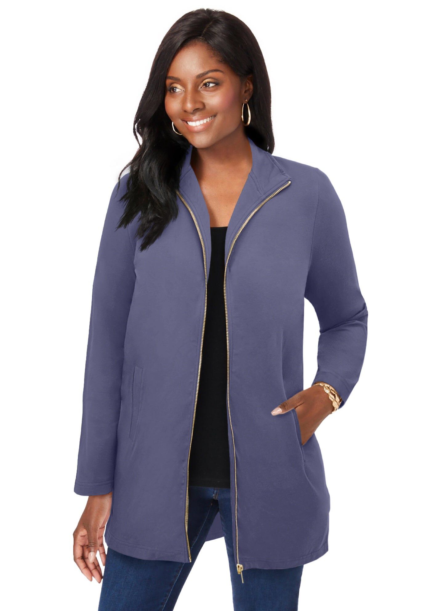 Stretch Cotton Zip Front Hi-Low Jacket | King Size