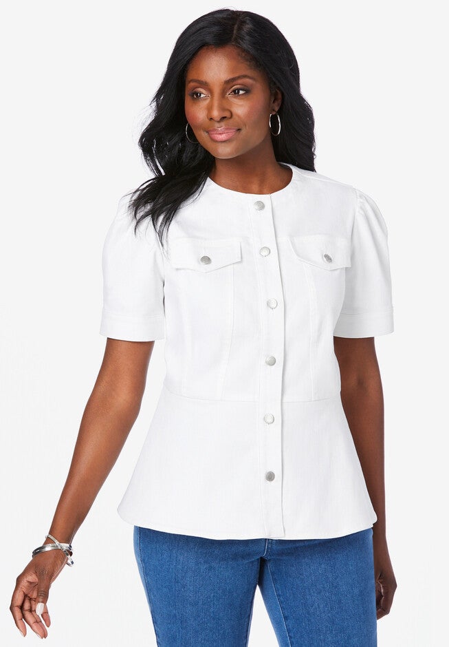 Short Sleeve Denim Jacket, WHITE, hi-res image number null