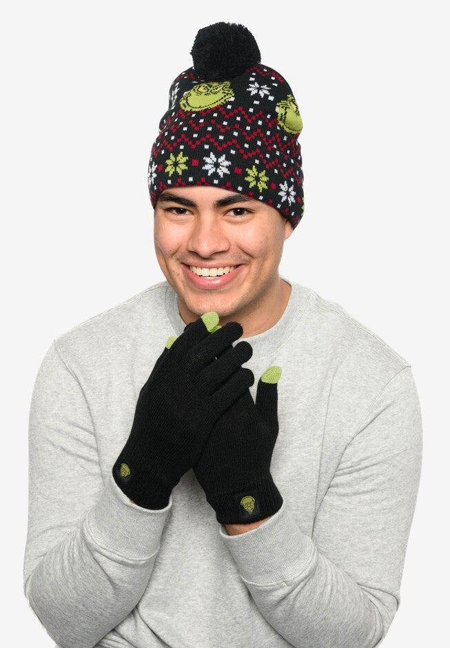 Men's Dr Seuss Grinch Knit Beanie Hat & Touch Screen Gloves Christmas, BLACK, hi-res image number 0
