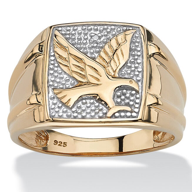 Men's Round Diamond Two-Tone 18k Yellow Gold-plated Sterling Silver Eagle Ring, WHITE, hi-res image number 0