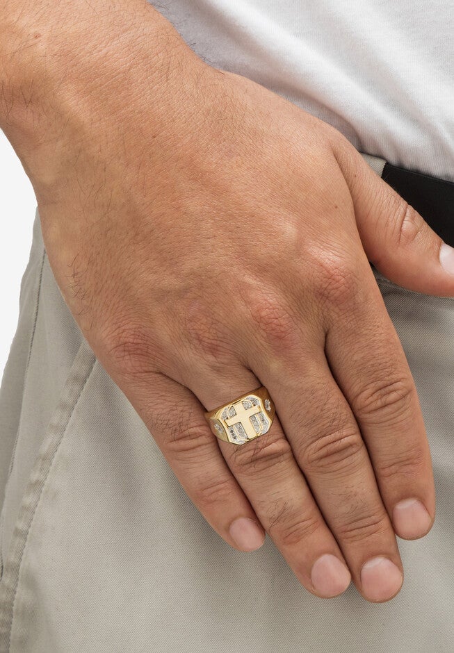 Men'S Yellow Gold-Plated Round Genuine Diamond Cross Ring (1/5 Cttw), , alternate image number null