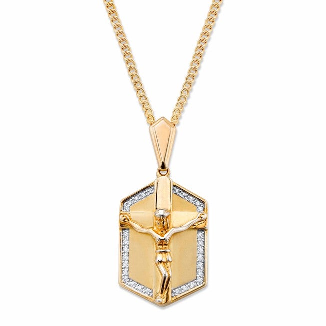 Men's .15 Cttw. Yellow Gold-Plated Pavé Cubic Zirconia Crucifix Necklace 22 inches, WHITE, hi-res image number 0
