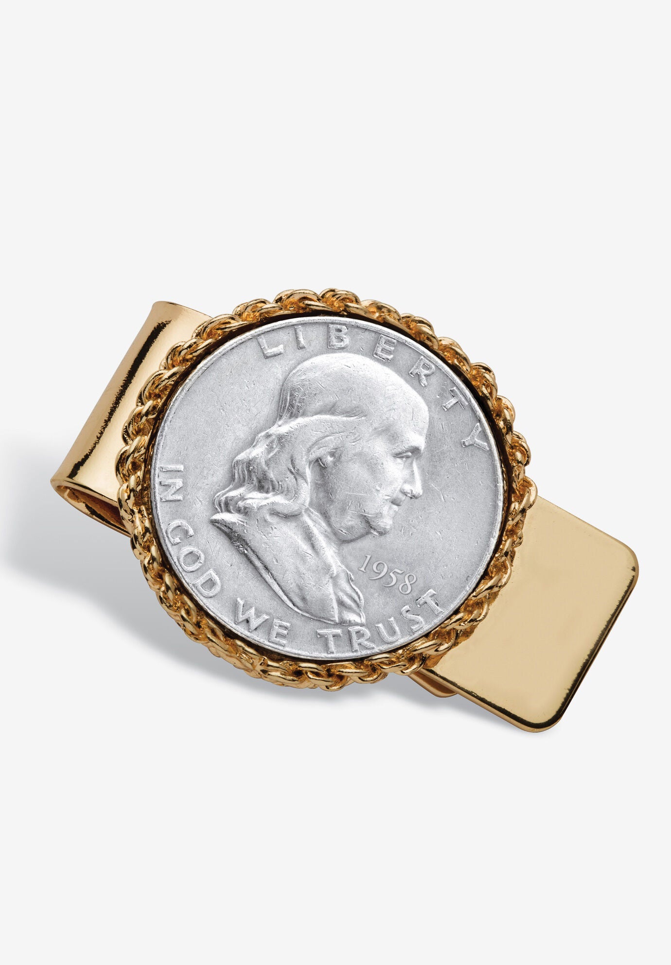 Men'S Commemorative Genuine Half Dollar Money Clip In Yellow Goldtone, 1958, hi-res image number 0