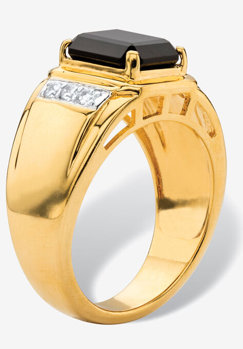 Men's 18K Yellow Gold-plated Genuine Diamond and Black Onyx Ring, , on-hover image number null