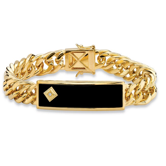 Men's Genuine Onyx and Diamond Accent Gold-Plated Curb-Link Bracelet 8 inches, BLACK, hi-res image number null
