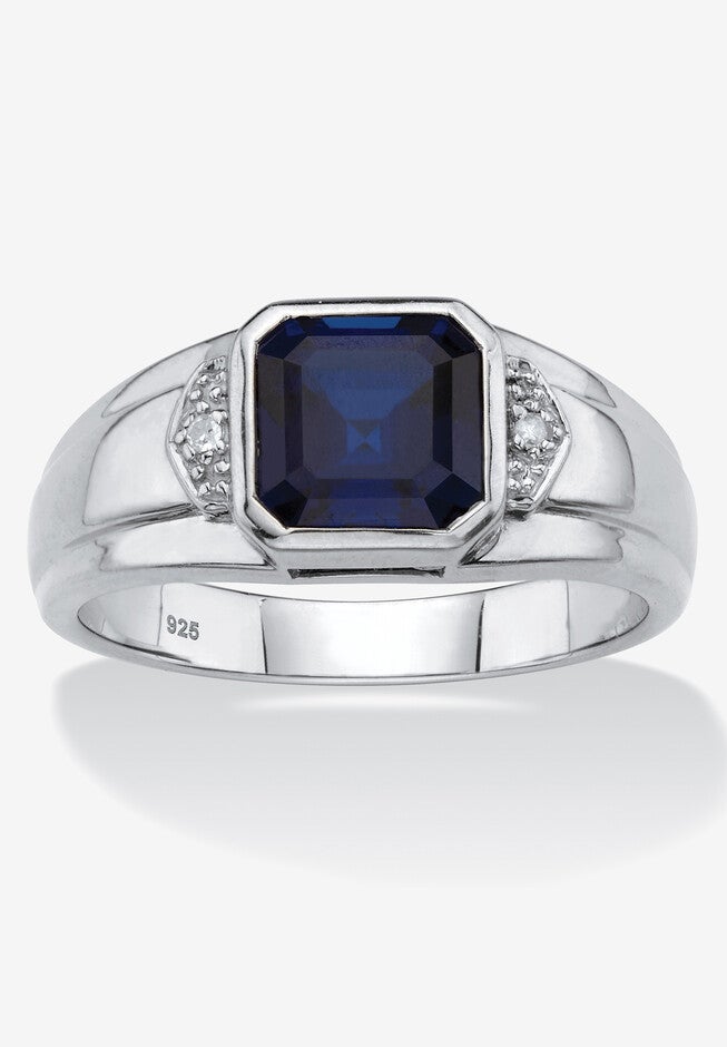 1.27 Cttw Platinum-Plated Silver Created Blue Sapphire Diamond Accent Ring, BLUE, hi-res image number null